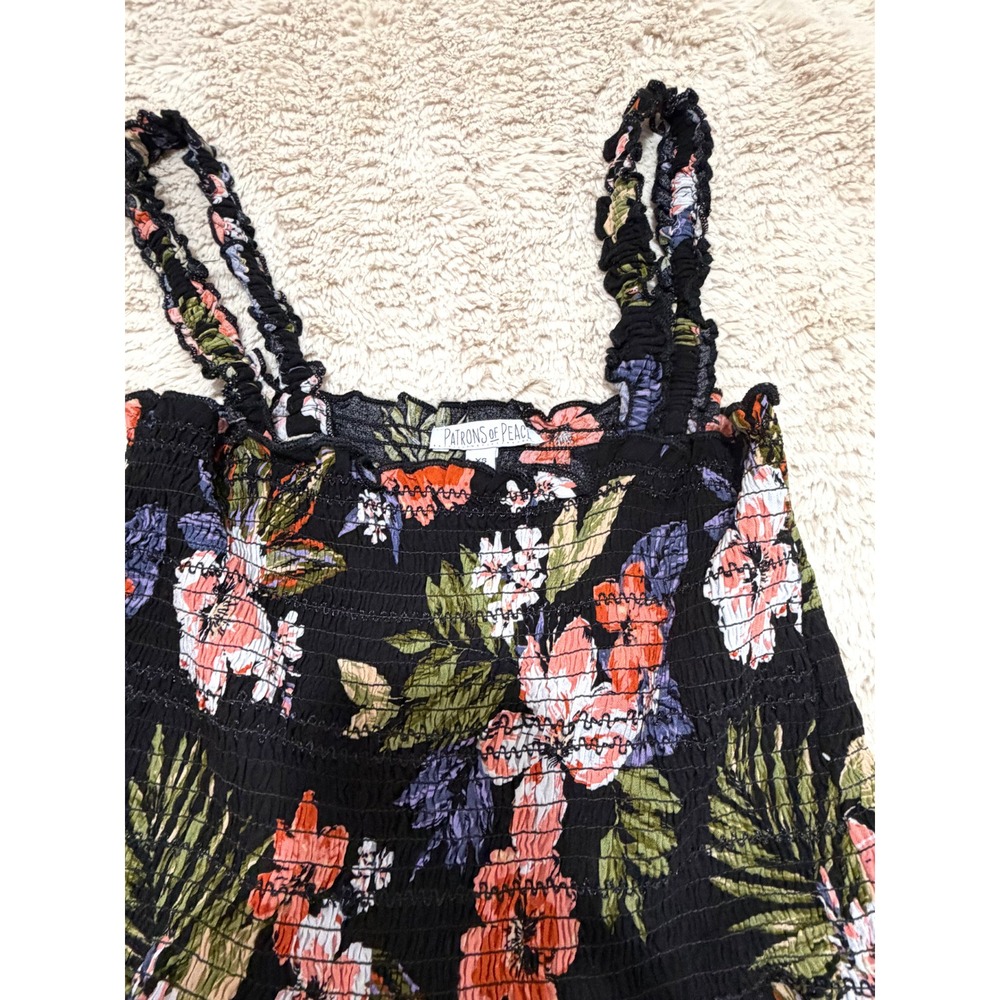 Boho Tropical Cottagecore Smocked Peplum Cami Top XS Black Vacation Resortwear